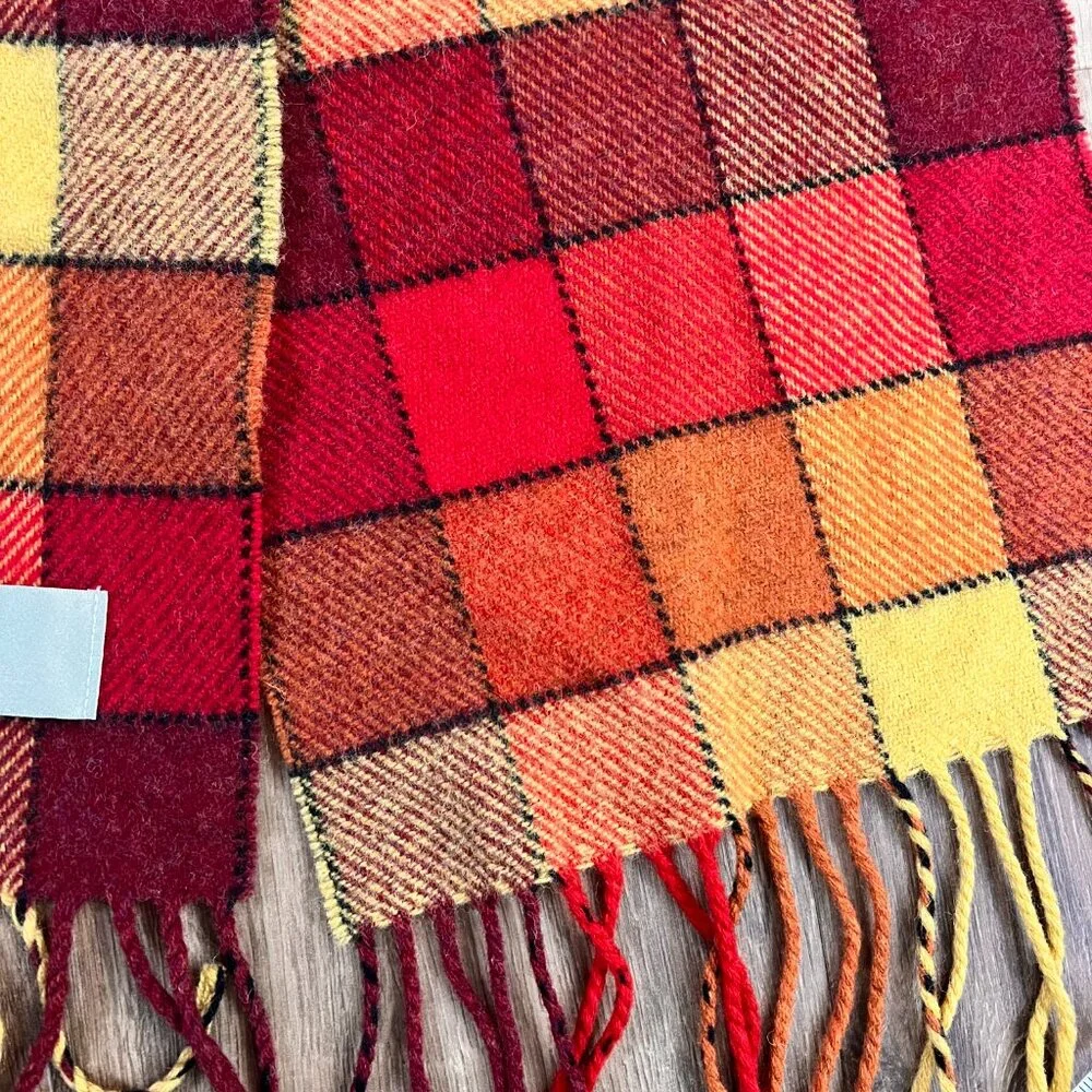Calzeat of Scotland Border Lambswool Scarf Red Yellow Color Block Plaid
